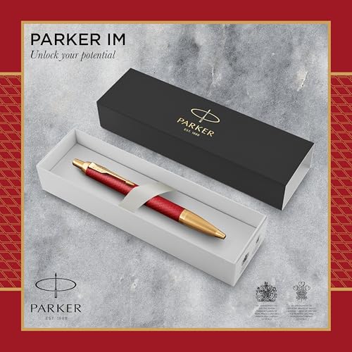 Image of Parker IM Ballpoint Pen | Red Premium Lacquer with Gold Trim | Medium Tip with Blue Refill | Gift Box