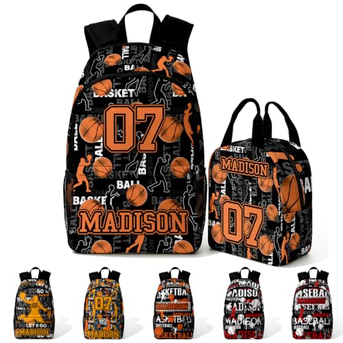 Image of Custom Backpack for Kids Personalized Boys Backpacks Back to School Set | Kids Customized Toddler Backpack for Boy with Lunch Bag Book Bag Kindergarten Prek Preschool Gifts Black Basketball Sports