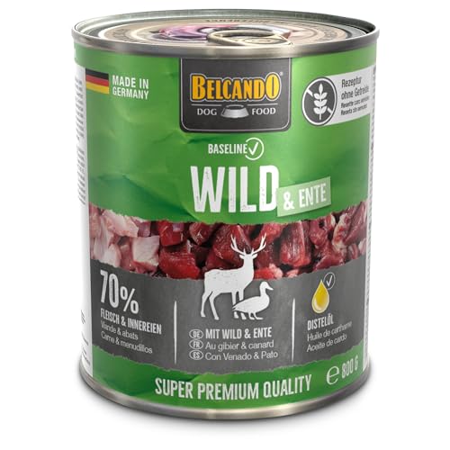 BELCANDO Baseline Nassfutter für Hunde, Wild & Ente, 6X 800g Dose, 70% Fleisch für ausgewachsene Hunde, Hundefutter nass ohne Getreide, Made in Germany