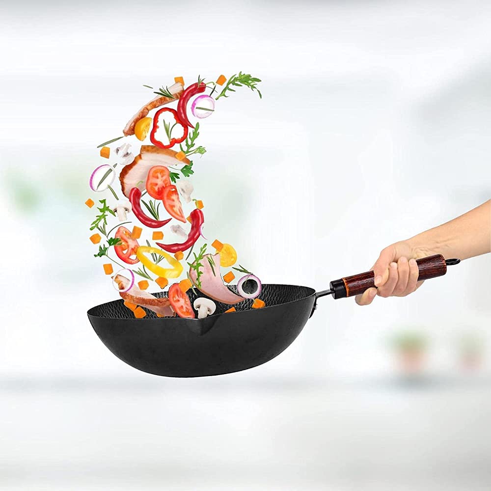 Patelnia wok ze stali węglowej, ręcznie młotkowany wok z drewnianym uchwytem, patelnia z pokrywką, tradycyjny żeliwny wok do kuchenek indukcyjnych i gazowych