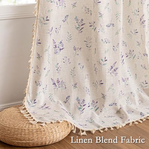 Image of MYSKY HOME Floral Linen Boho Curtains 96 Inches Length for Living /Dining Room Spring Vintage Farmhouse Printed Light Filtering Window Curtain Panels with Tassel Back Tab, W50, Purple, Pack-2