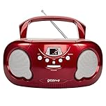 Groov-e Original Boombox - Portable CD Player with Bluetooth, Radio, 3.5mm Aux Port, & Headphone Socket - LED Display, 2 x 1.2W Speakers - Battery or Mains Powered - Red