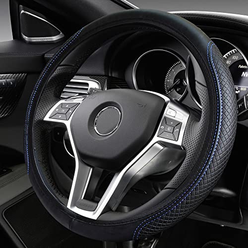 Vargtr Leather Car Steering Wheel Cover,Universal Fits15 Inch Steering Wheel,Breathable, Non-Slip,Elastic Steering Wheel Protector,Automotive Steering Wheel Covers (Black Blue) #TOP2