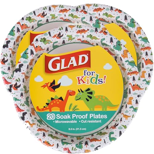 Glad for Kids Dinosaur Disposable Paper Plates, Heavy Duty Soak Proof Microwave Safe Kids Plates for Snacks, Meals, and Parties, Fun Dino Design,...