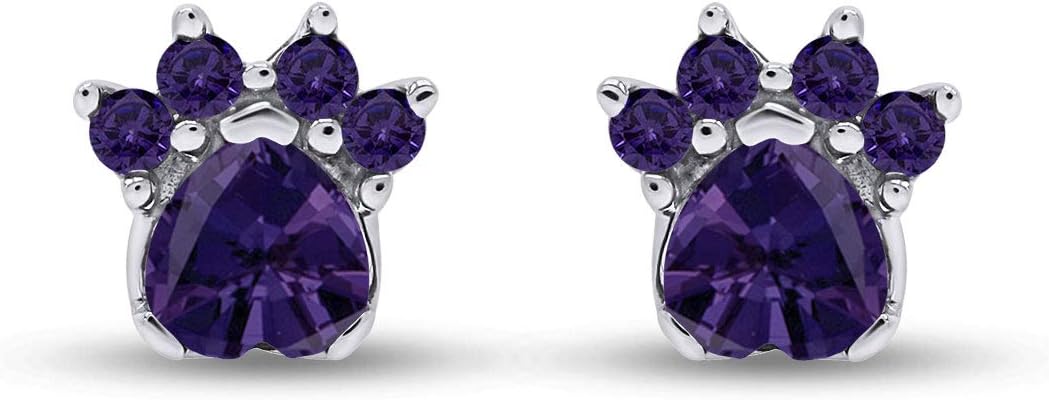 Heart & Round Cut Simulated Birthstone Paw Print Stud Earrings Jewelry For Women In 14k Gold Over Sterling Silver With Push Back