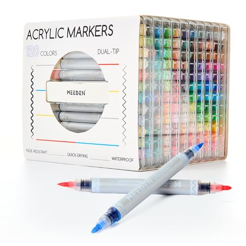 Image of MEEDEN Artist Acrylic Paint Markers: 120 Colors Dual Tip Acrylic Marker with Brush & Round Tip for Art Supplies - Quick Dry Paint Pens with Automatic Ink Control for Wood, Canvas, Glass, Rock, Fabric