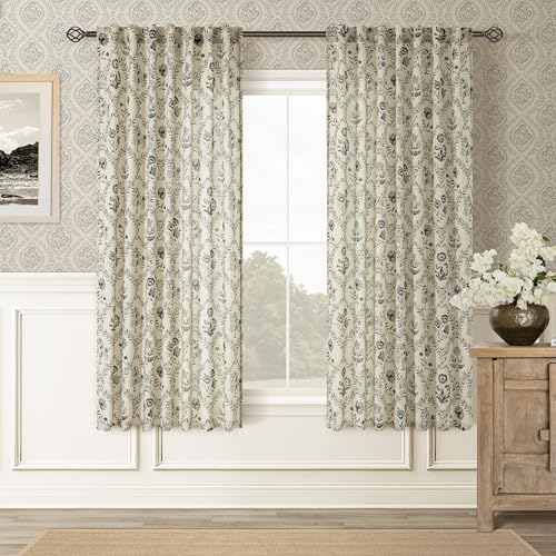 Image of Charcoal Floral Linen Curtains 63 Inch Length 2 Panels Set for Living Room | Blackish Green, Flower Plant, Semi Sheer, Back Tab, Rod Pocket, Farmhouse Boho, French Country, Window Drapes for Kitchen