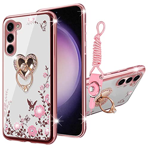 KuDiNi for Samsung Galaxy S23 Case, S23 Phone Case for Women Glitter Crystal Butterfly Heart Floral Clear Protective Cover with Kickstand+Strap(Rose Gold) by KuDiNi - Used condition - US$5.55
