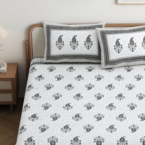 Image of Jaipur Weaves Jaipuri Double Bed Cotton Bedsheet Queen Size 90x108, 144 TC 100% Pure Cotton Bed Sheet with 2 Pillow Covers, Royal Motifs Traditional Print (Brown Motif,Queen)