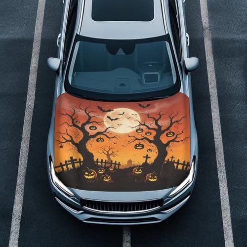 Image of Spooky Halloween Moon Print Car Hood Cover Easy to Install Fabric Hood Cover Halloween Vehicles Decorate Engine Removable Automotive Accessories Personalized Suitable for Cars(59x39 Inch)