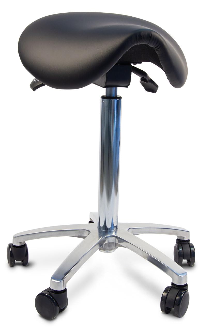 Ergolutions® Ergonomischer Sattelhocker - Belastbar bis 150kg, Bis 86cm Höhe, Rollhocker mit Federung, Veganer Lederbezug, Therapiehocker, drehbare Universalrollen, Schwarz