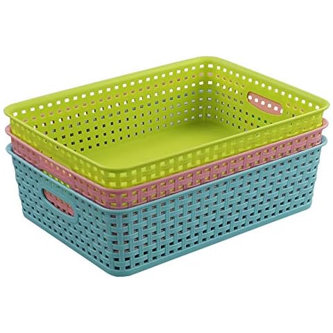 EudokkyNA Plastic Shallow Storage Basket Trays, Office Paper Trays Set of 3 Cover