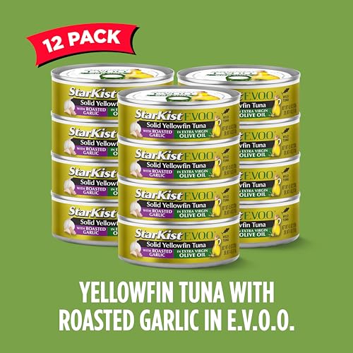 Image of StarKist E.V.O.O. Solid Yellowfin Tuna, Roasted Garlic, 4.5oz Can, 12-Pack | 28g of Protein Per Serving, Features Extra Virgin Olive Oil, Wild Caught Tuna, Gluten Free, Soy Free, Omega 3s