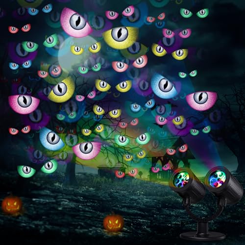 iShabao Decoración de Halloween, al aire libre, doble cabeza, proyector dinámico de Halloween con temporizador, lámpara de proyección LED impermeable con ojos de fantasma, para jardín, ventana, pared