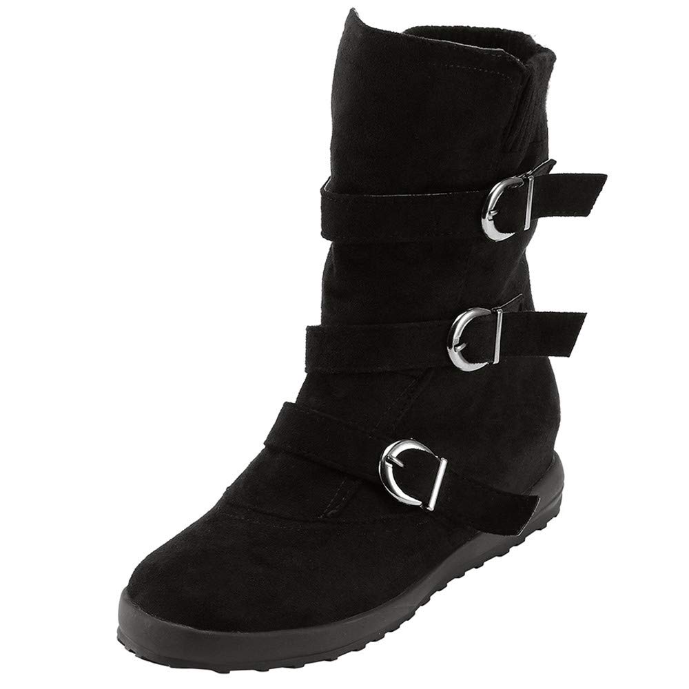 Botas De Campo Mujer Botas de Nieve cálidas con Correa de Hebilla Plana de Color con Cremallera y Punta Redonda de Gamuza para Mujer Botas Camperas Mujer Color (Black, 38)