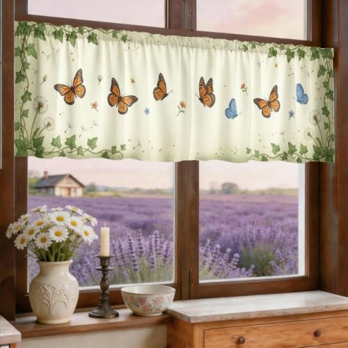 Rideaux de cuisine coquelicots rustiques à motif floral papillon lavande printemps rouge pour petit évier de camping-car, fenêtre étroite 45,7 x 132,7 cm