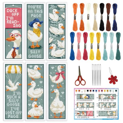 Image of INFUNLY 6PCS Duck Cross Stitch Bookmark Kit for Beginners 2.99''x8.54'' Duckling Stamped Embroidery Bookmark Kits with Words Animals Needlepoint Bookmark Kit with Instruction for Book Lovers Readers