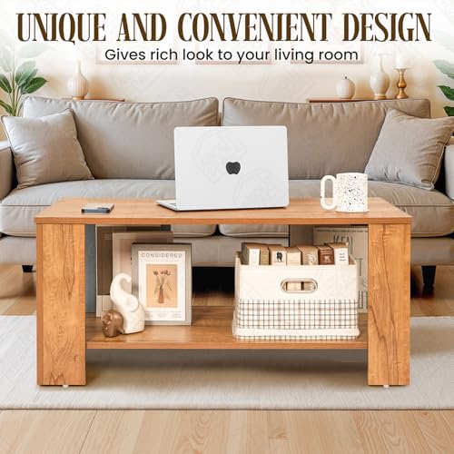 Image of ABOUT SPACE Coffee Table - Portable Wooden Centre Table with Storage, Open Rack & Corner Baffles - Furniture - Sofa /Tea /Teapoy for Living Room, Home, Office (Teak - L 90 x B 55 x H 45 cm)