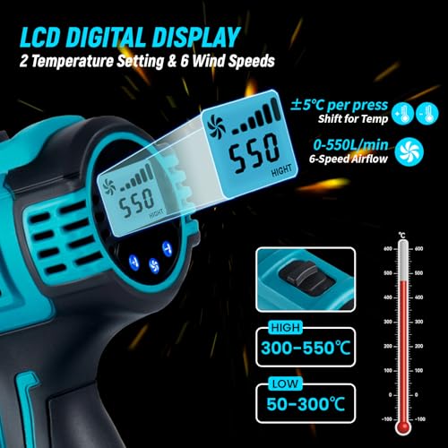 Cordless Battery Hot Air Gun Heat Shrink Gun - 9 Levels Adjusted Heat Gun with LCD Digital Display(50-500°C), 3 Nozzle for Crafts, Shrinking PVC, Wrapping and Paint Stripping 3 Cordless Battery Hot Air Gun Heat Shrink Gun - 9 Levels Adjusted Heat Gun with LCD Digital Display(50-500°C), 3 Nozzle for Crafts, Shrinking PVC, Wrapping and Paint Stripping - Image 3