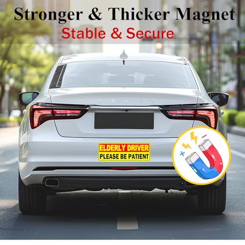 Image of 2 Pack Elderly Driver Car Magnet Sign, Senior Driver Car Magnet, Please Be Patient Sign to Old Grandma and Grandpa, Gag Prank Gifts for Women, Men, Senior Citizen Drivers Funny Joke 9.84 * 3.5 Inch (Yellow - 2 Pack)