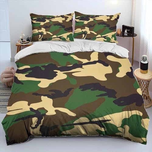 布団カバー シングル 3点セット 緑の迷彩 和風寝具セット 四季適用 ポリエステル 通気性 防ダニ - 1 掛け布団カバー・170x210cm, 2つ枕カバー・43x63cm