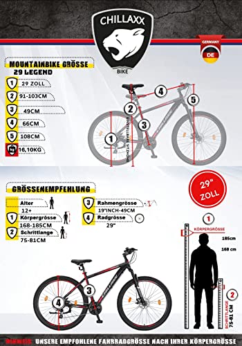 Foto von Chillaxx Bike Legend Aluminium 24, 26, 27,5 und 29 Zoll Shimano Mountainbike MTB Fahrrad für Jungen Mädchen Herren und Damen 21 Gang Schaltung Herrenrad Damenrad (29 Zoll, Schwarz-Rot Disc-Bremse)
