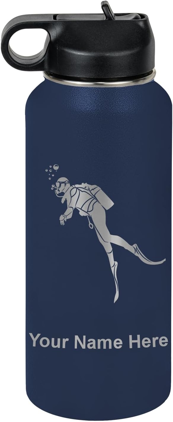 LaserGram Personalized Water Bottle, Scuba Diver, Stainless Steel Double Wall Vacuum Insulated with Flip Top Straw, Custom Engraved Gift (32oz / 950ml Navy Blue)