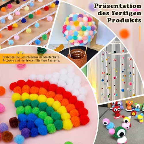 300 Stück Pompons, 25mm Bunte Pompons Zum Basteln, Kleine Pompoms Mit 100 Stück Wackelaugen (5/6/7/8 mm), Pompoms Bälle für Weihnachten, DIY Kreativen Handwerk Dekorationen