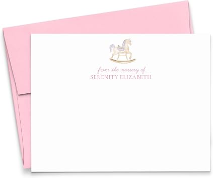 Personalized Baby Shower Thank You Cards For Baby Girl, FLAT Vintage Rocking Horse Note Cards Stationery And Envelopes, From The Nursery Of Stationary With Name, Your Choice of Colors And Quantity