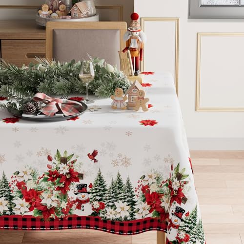 XCHI Red Plaid Poinsettia Winter Snowman Christmas Tree Tablecloth Rectangle Christmas Table Cloth Washable Table Covers for Indoor Dining Home Party Xmas Decorations 60x84 Inch – Image 3