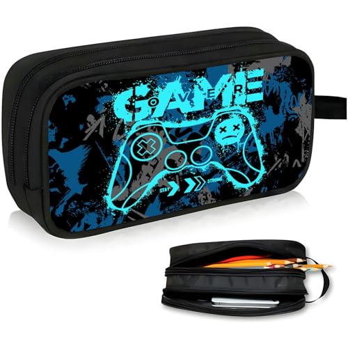 Image of WOBAGMEN Double Layer Pencil Case with Handle Large Pencil Bag Cute Print Pencil Pouch for Boys Girls (Blue Game)