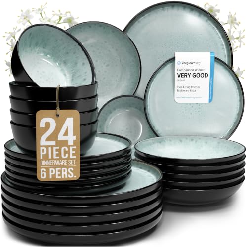 Juego de Vajilla de Steingut Ibiza para 6 Personas - 24 Piezas, Set de Vajilla para Lavavajillas y Microondas - Moderno Juego de Platos - Servicio de Pure Living en verde salvia