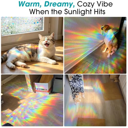 Image of Coavas Stained Glass Window Privacy Film, Rainbow Circle, 23.6 inch x 78.7 inch | 3D Pebble Static Cling No Glue, UV Blocking Glare Reduction, Colorful Decorative Privacy Window Cling for Home Glass Door