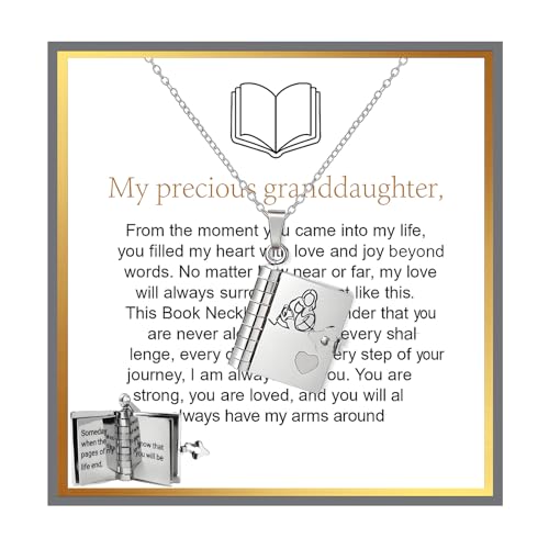 Granddaughter Book Necklace For Granddaughters - The Most Beautiful Chapter Books Adjustable Silver Gold Book Pendant with 6 Pages Engraved Graduation Jewelry Gifts from Grandma (Granddaughter(Silver)-with card)