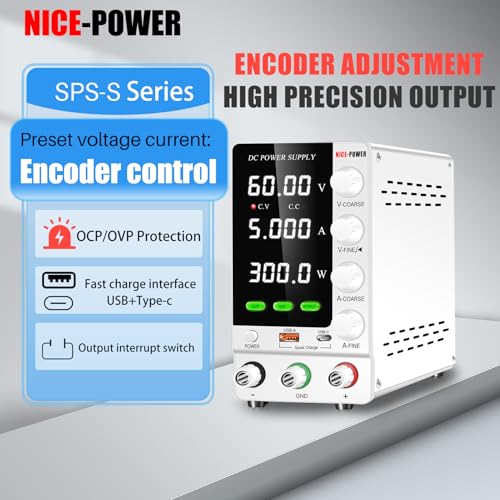 Image of NICE-POWER DC Power Supply Variable 60V 5A, Adjustable Regulated DC Bench Power Supply with OCP /OVP /Encoder /Output Switch, Benchtop Lab Power Supplies PSU with USB-A and Type-C Fast Charge (White)