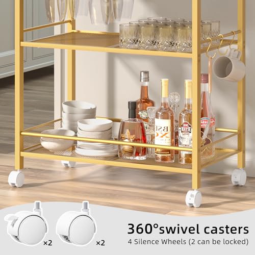 Image of Joaxswe Bar Cart,3-Tier Home Bar Serving Cart with Lockable Wheels,Gold | Microwave Cart,Mobile Kitchen Shelf,Rolling Beverage Cart with Wine Rack and Glass Holder for Kitchen,Dinning Room