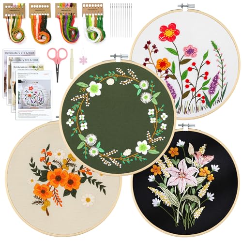 Image of 4 Pack Embroidery Kit for Beginners, Adults Cross Stitching DIY Starter Kits with Flower Printed Patterns, 2 Bamboo Embroidery Hoop, Color Threads, Needle Tool, Instructions, Gift for Hand Craft Lover