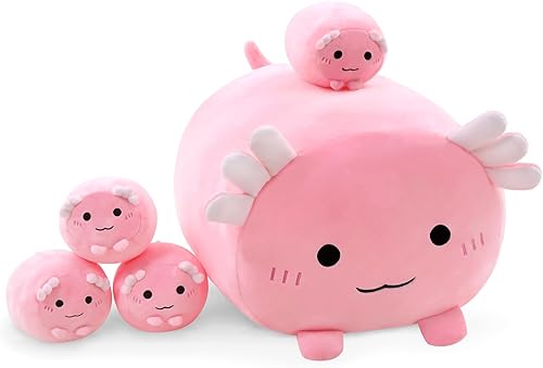 Axolotl - Lindo animal de peluche de ajolote con 4 peluches de ajolote bebé en su barriga, almohada de algodón suave, regalo para niños