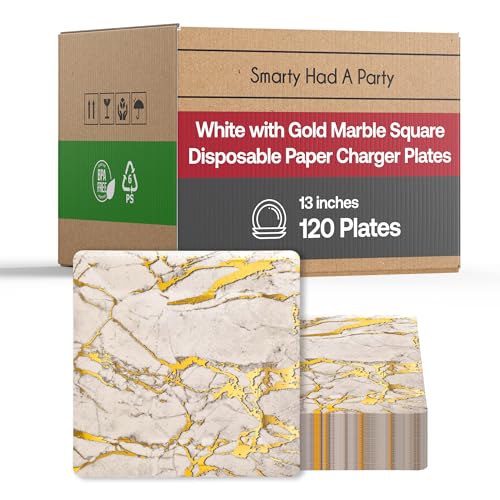 Platos desechables cuadrados blancos con mármol dorado 13" x120 miniatura 1