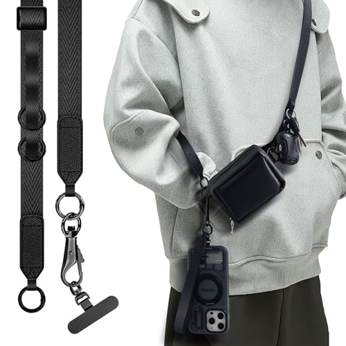 Phone Lanyard Crossbody Strap with Wallet Pouch, Clip and Go Design, Adjustable Phone Strap with Detachable Pouch, Wrist Strap & 360° Rotatable Metal