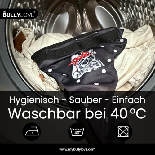 MyBullyLove Läufigkeitshöschen für Französische Bulldoggen – Wiederverwendbare Hundewindel ohne Rutenloch, Handgefertigt & Stufenlos Verstellbar, Black Bully, Standard (42-47cm Hüftumfang)