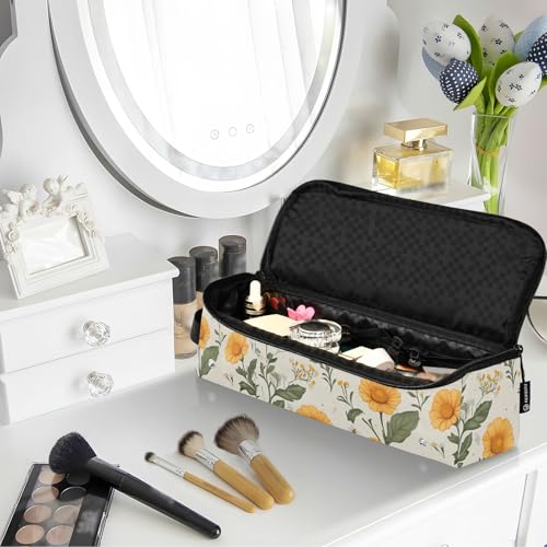 Estuche de viaje 2 en 1 para plancha rizadora Retro Yellow Flowers con tapete resistente al calor y cierre magnético impermeable, organizador portátil para planchas y rizadores miniatura 6