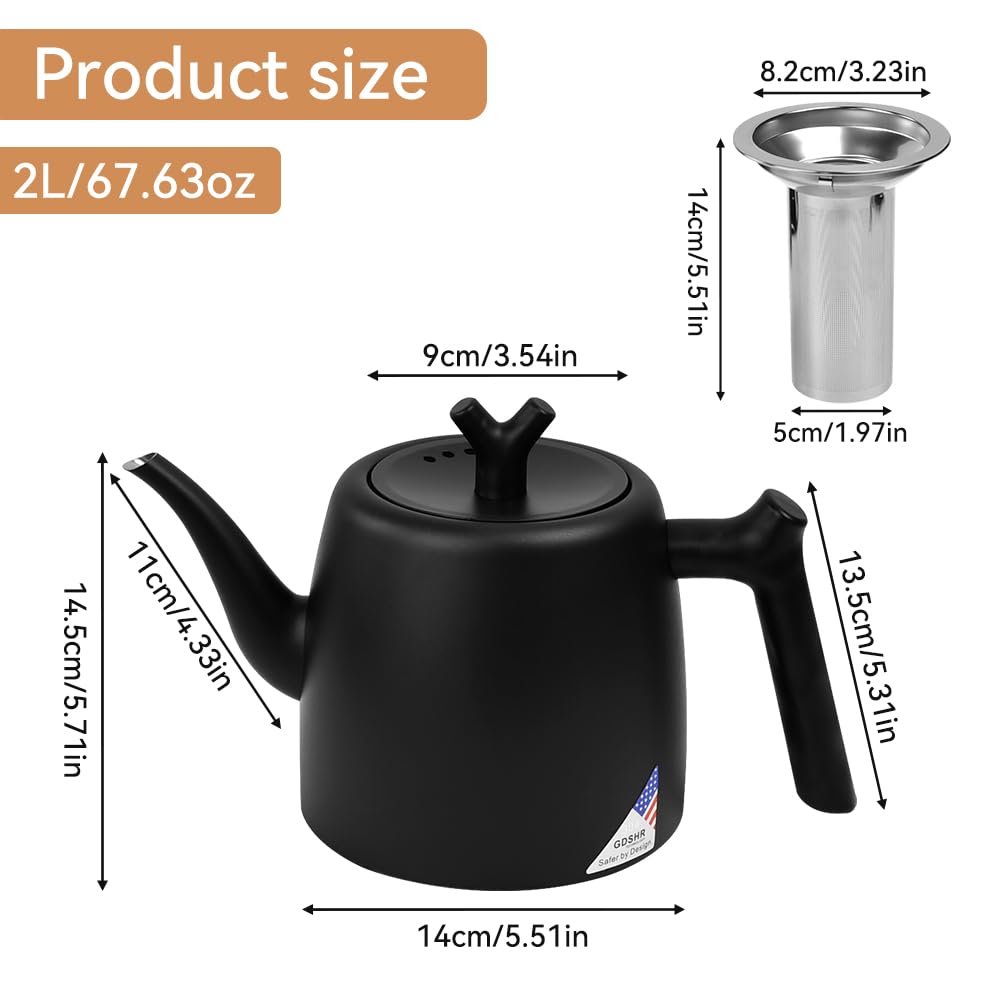 Teekanne 304 Edelstahl Thermo Teekanne 2L Thermoskanne Tee mit Siebeinsatz Schwarz Teebereiter Doppelwandig Isolierkanne Hitzebeständige Tee Kanne Teapot mit Griffe für Ingwer