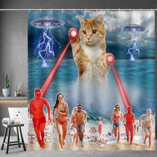 Image of Aimego Extra Long Shower Curtain - Funny Cute Cool Ocean Cat with Weird Adults Beach UFO Fun Fabric Cloth Bath Shower Curtain Set with 12 Hooks for Bathroom Decor Accessories Bathtub Curtain, 72 inchx84 inch