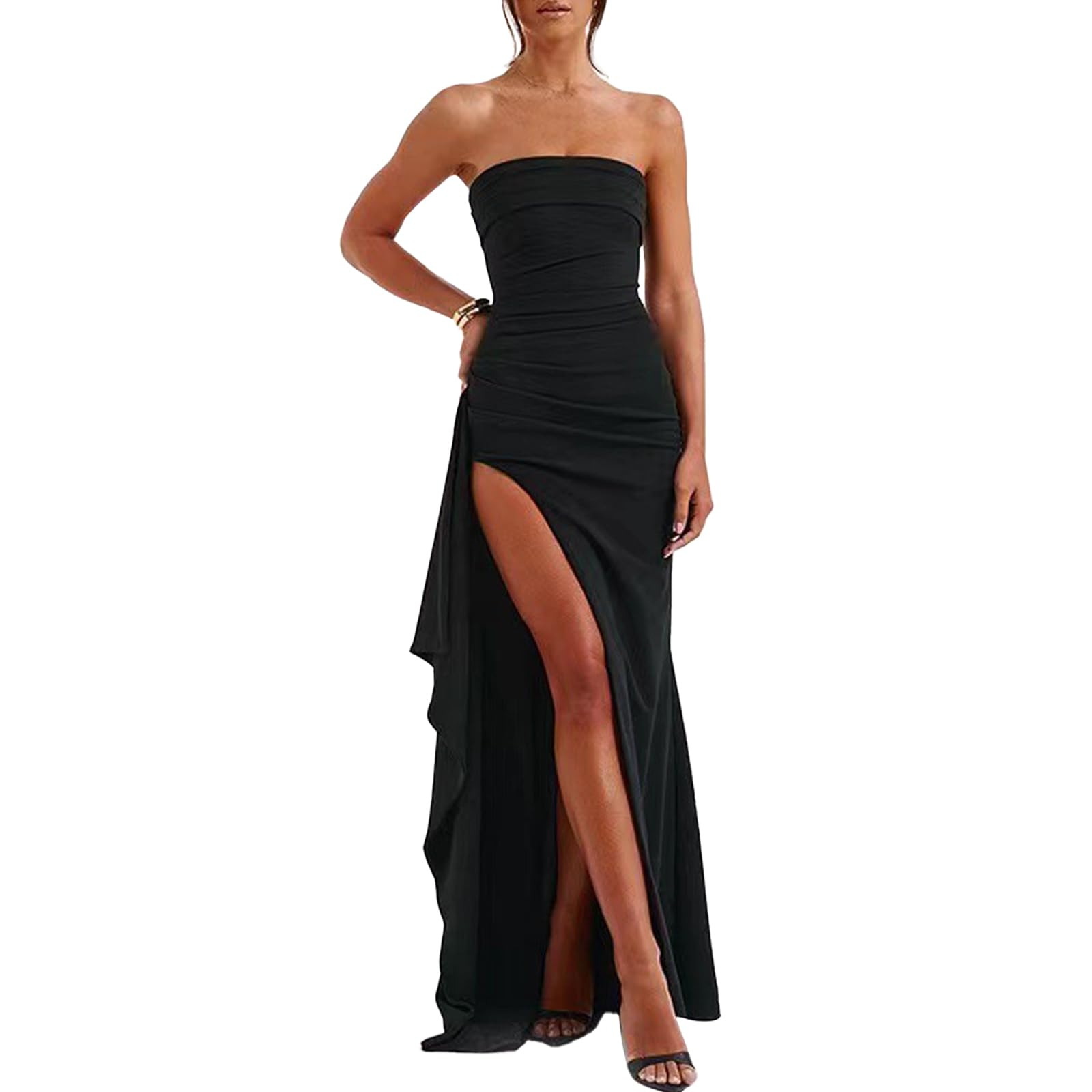 Robe Longue Femme Sexy sans Manches Epaules Dénudées Maxi Robes Elégant Fendue Slim Bodycon Robe Dos Nu à Ourlet Irrégulier Robes de Soirée pour Clubbing Nuit Cocktail Party