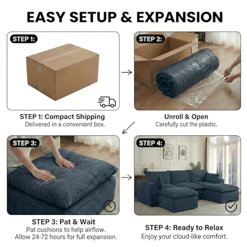 Image of 110 inch Modular Sectional Sofa with Ottoman - Double-Layer Memory Foam Cloud Couch, Oversized Corduroy Boneless Sofa Set, Deep Seat L Shaped Couch for Living Room
