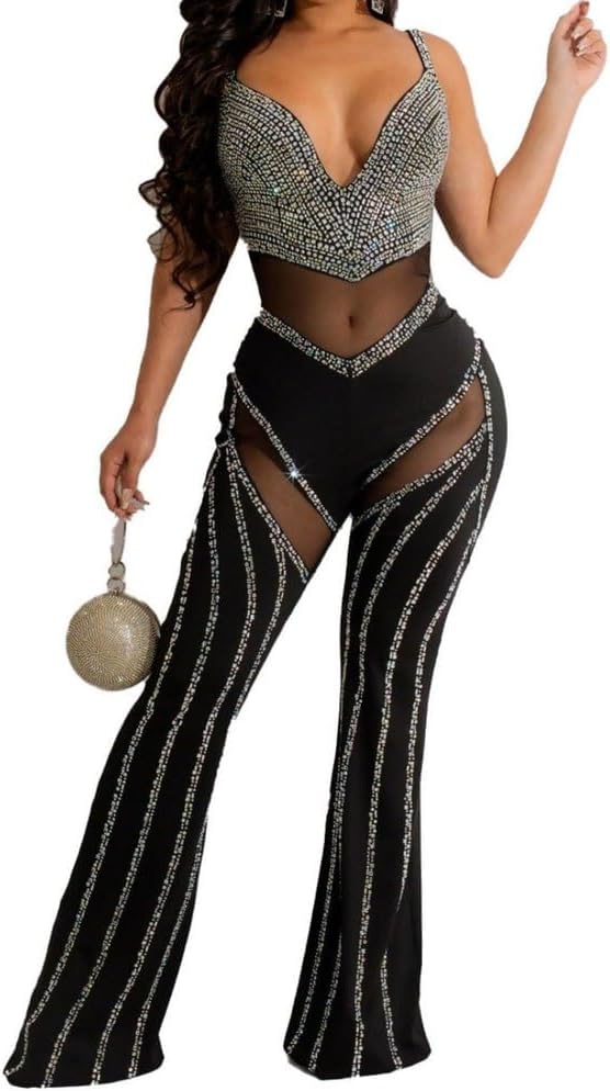 [OHSOPMNC] 女性用セクシー深Vネックメッシュボディコンラインストーンストレッチロングパンツクラブウェアパーティーロンパース