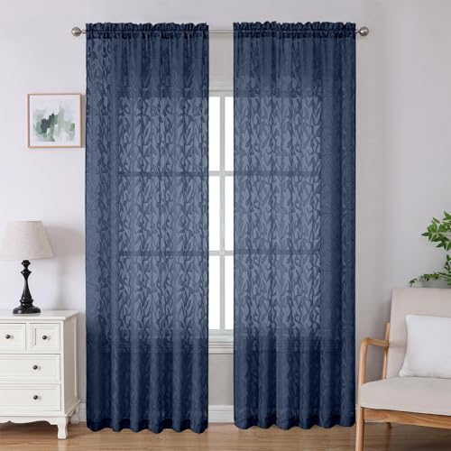 Lecloud Leia Navy Blue Sheer Curtains 96 Inches Long 2 Panels, Airy Leaf Textured Jacquard Curtain Panels, Light Filtering & Privacy Curtains for Living Room Bedroom French Window, 52" W x 96" L