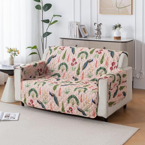 Image of House of Quirk 'Mughal Series' Anti-Slip Sofa Cover Mat with Pocket | Polyester Couch Protector for Pets, Kids & Spills (Royal Peacock, 180x120cm, Two Seater)