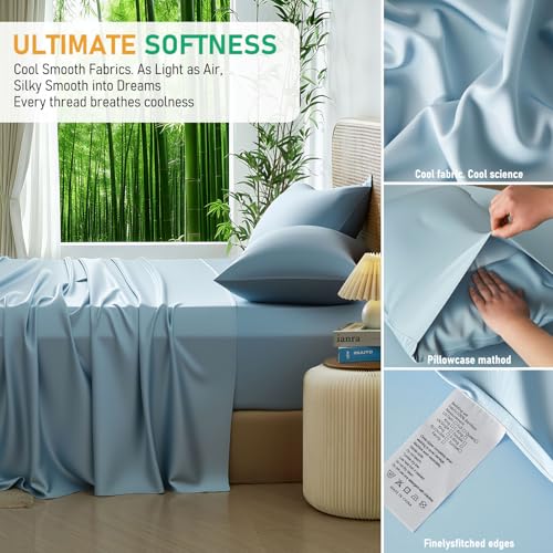 Image of 100% Viscose Derived from Bamboo Sheets Queen Size, Soft & Cooling Viscose from Bamboo Sheets Set, Organically Grown,Breathable & Soft Deep Pocket Up to 18 Inches(Light Blue)